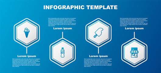 Set line Ice cream in waffle cone, Bottle of water, and Pizzeria building facade. Business infographic template. Vector