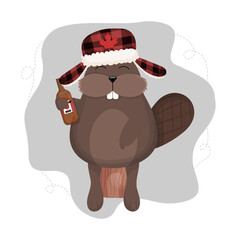 Beaver with Canada Hat Sitting on Stump and Drinking Beer, Vector, Canada Day