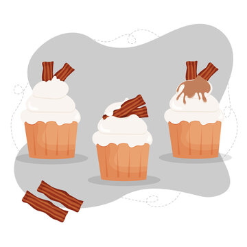 3 Cupcakes with Bacon and Maple Syrup, Vector