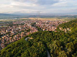 Aerial Sunset view of town of Petrich, Bulgaria