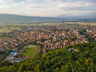 Aerial Sunset view of town of Petrich, Bulgaria
