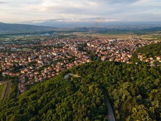 Aerial Sunset view of town of Petrich, Bulgaria