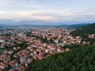 Fototapeta na wymiar Aerial Sunset view of town of Petrich, Bulgaria