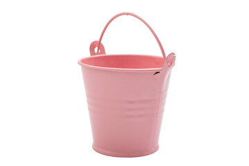 Fototapeta na wymiar Cleaning and washing, rural tools and household carrying container concept with old fashioned metallic pink bucket and no people isolated on white background and clipping path cutout