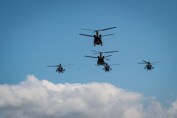 Fototapeta na wymiar A Fly Over of 3 Apache and 2 Chinook Helicopters at the Opening of the 2021 US Grand Prix in Austin, Texas