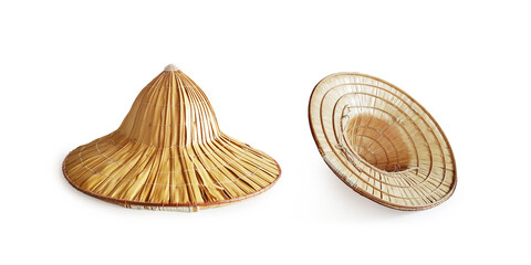 Fototapeta na wymiar Traditional Asian hat woven with palm leaves. on a white background