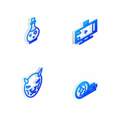 Set Isometric line Live streaming online, Bottle with magic elixir, Mask of the devil horns and Coin for game icon. Vector