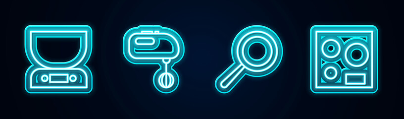 Set line Electronic scales, Electric mixer, Frying pan and stove. Glowing neon icon. Vector