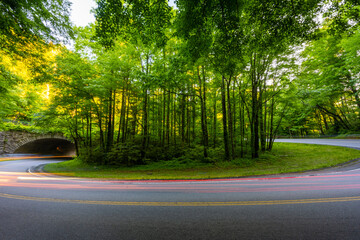 Fototapeta premium Brake Lights and Head Lights Can Be Seen Circling The Loop On 441 In The Great Smoky Mountains