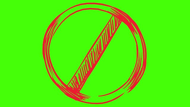 Animation of the prohibitory sign in the doodle style on the green screen. A symbol of illegal action, boycott, harmfulness to health. 4k stock video with a crossed out red circle.