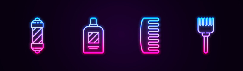 Set line Classic Barber shop pole, Bottle of shampoo, Hairbrush and . Glowing neon icon. Vector