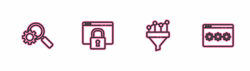 Set line Magnifying glass and gear, Sales funnel with chart, Secure your site HTTPS, SSL and Password protection icon. Vector