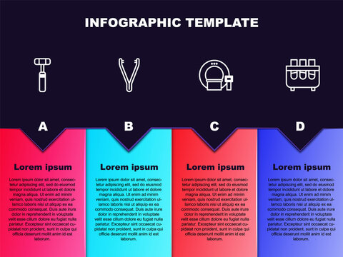 Set line Neurology reflex hammer, Medical tweezers, Tomography and Test tube and flask. Business infographic template. Vector