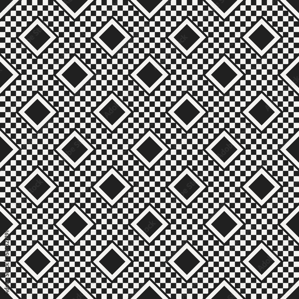 Poster Checkers with small cells, and large black rhombuses placed on top of the landscape. Vector chess and simple.
