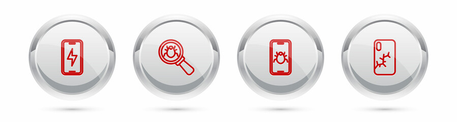 Set line Mobile charging battery, System bug, on mobile and with broken screen. Silver circle button. Vector