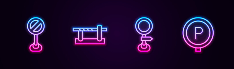 Set line Stop sign, Parking car barrier, Road traffic and . Glowing neon icon. Vector