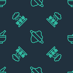 Set line Rolling pin on dough, Plant sprouts grow the rain and Mortar and pestle on seamless pattern. Vector
