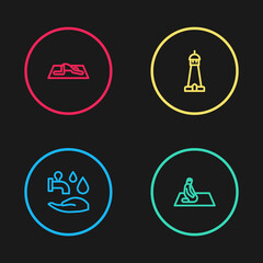Set line Wudhu, Muslim man prays, Mosque tower or minaret and icon. Vector