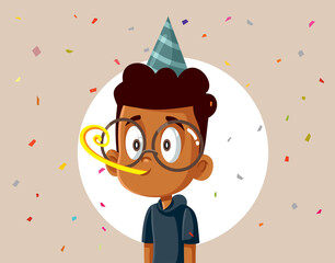 Celebrating Little Boy Blowing Party Whistle Vector Cartoon Illustration - obrazy, fototapety, plakaty