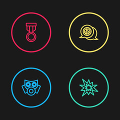 Set line Gas mask, Bomb explosion, Peace and Military reward medal icon. Vector