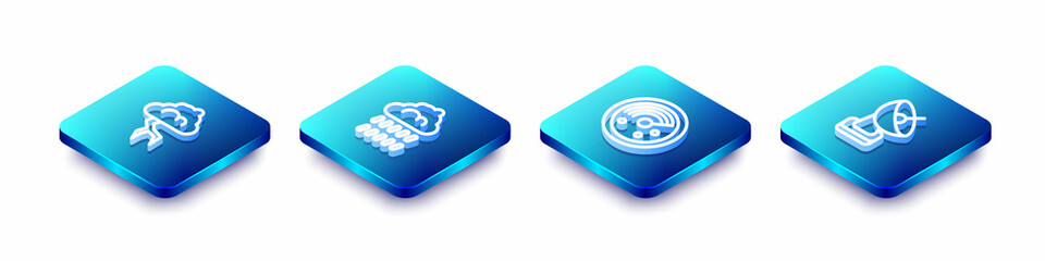 Set Isometric line Storm, Cloud with rain, Radar targets on monitor and icon. Vector