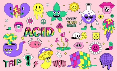 Set of bright psychedelic elements. Colorful stickers with pop art characters, mushrooms, hipster symbols and abstract inscriptions. Cartoon flat vector collection isolated on pink background