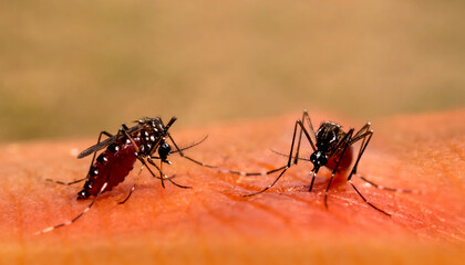 Couple Aedes aegypti Mosquitoe bite and feeding blood on wrinkle skin.Aedes mosquitoes bring dengue disease.Mosquitoe sucking blood.photo by select focus.