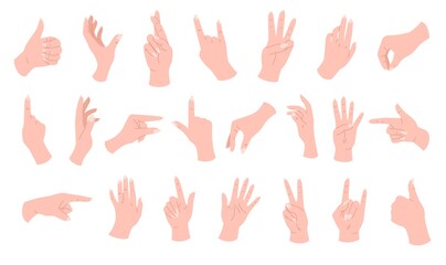 Set of hands poses. Colorful stickers with various positive and unusual gestures. Thumbs up, okay, peaceful, point, rock, size. Human Palm. Cartoon flat vector collection isolated on white background