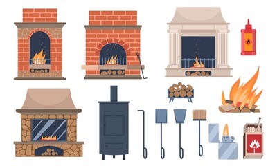 Fireplaces and hearths design elements set. Colorful stickers with gas fireplaces, matches, burning wood, shovels and metal pokers. Cartoon flat vector collection isolated on white background