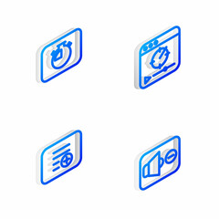 Set Isometric line Online play video, Stopwatch, Add playlist and Speaker mute icon. Vector