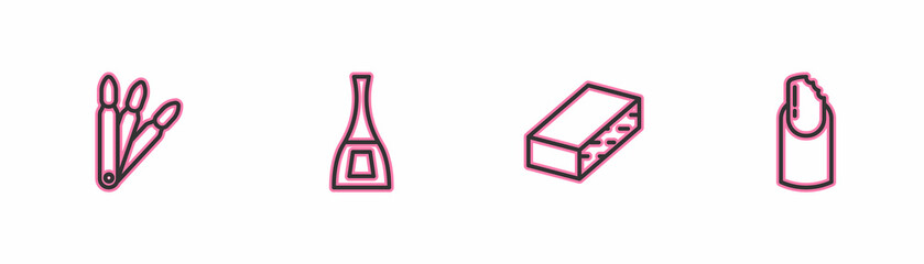 Set line False nails, Nail file, Bottle of polish and Broken icon. Vector