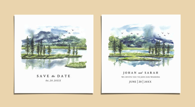 Watercolor Wedding Invitation With Reflection Of Pine Trees And Mountain In Lake 