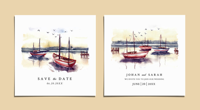 Watercolor wedding invitation of sunset nature landscape with harbor and boat 