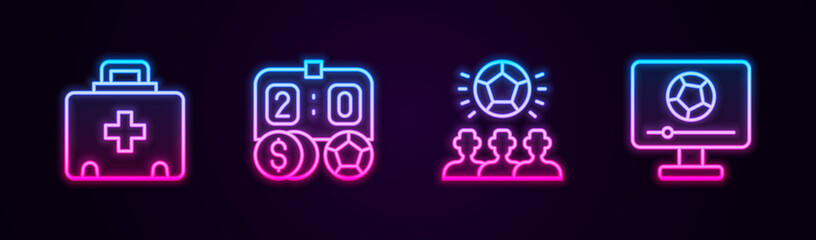 Set line First aid kit, Football betting money, Soccer football and match TV. Glowing neon icon. Vector