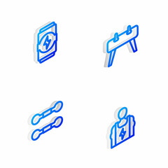 Set Isometric line Pommel horse, Energy drink, Dumbbell and Bodybuilder icon. Vector