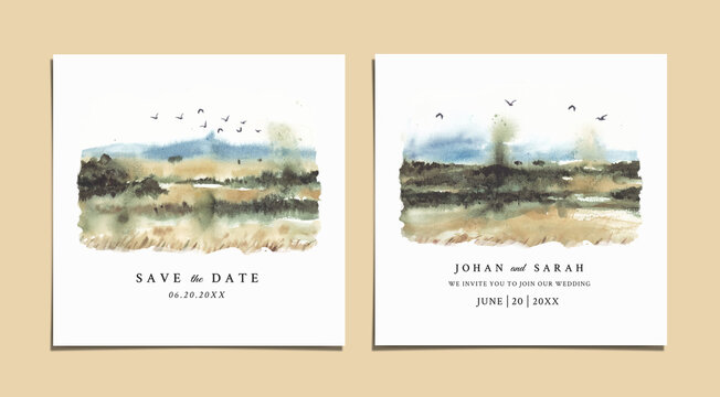 Watercolor wedding invitation of savannah nature landscape 