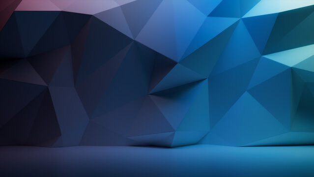 Polygon 3D Wall Background with Blue and Purple Futuristic Surface. Premium 3D Render.