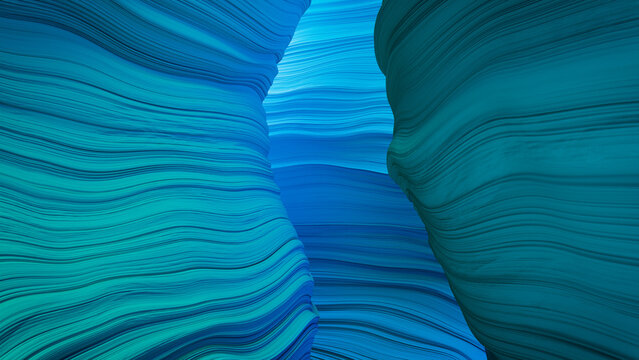 Abstract 3D Render with Elegant, Wavy Surfaces. Modern Blue and Turquoise Wallpaper.