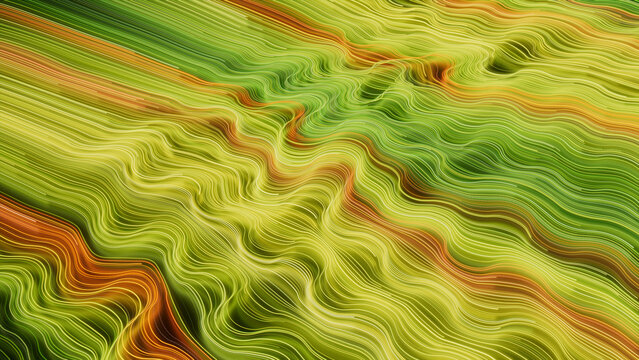 Green, Yellow and Orange Colored Swirls form Abstract Neon Background. 3D Render.