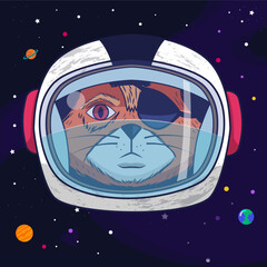 Sad Cat looks at the sky with his space helmet with stars and planets as background. 