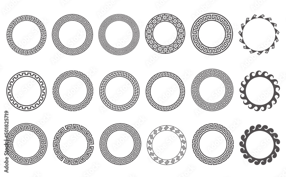 Wall mural circle greek frames. round meander borders. decoration elements patterns. vector illustration isolat
