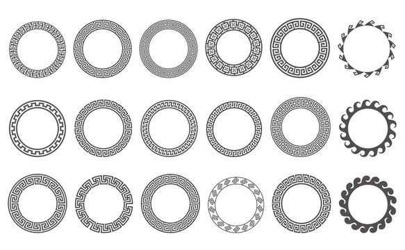 Circle greek frames. Round meander borders. Decoration elements patterns. Vector illustration isolated on white background.