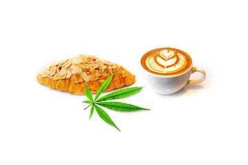 Tasty crusty croissants and Coffee cup of rosetta latte art  with fresh cannabis leaves on white background.