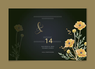  Wedding invitation template with watercolor leaves and flowers .save the date thank you card, rsvp with floral and leaves, watercolor style for printing, badge. vector illustration 
 - obrazy, fototapety, plakaty