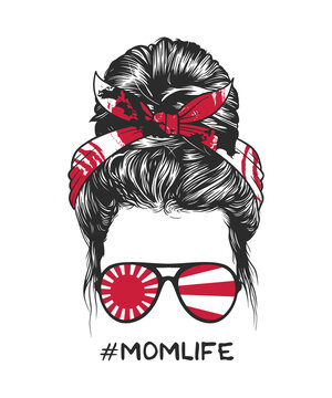 Messy Bun Hairstyle With Japanese Flag Headband And Glasses, Vector Illustration