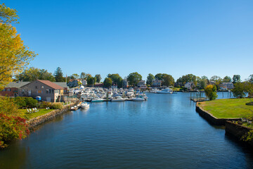 Cove Marina and yachts on Pawtuxet River mouth to Providence River in fall in Pawtuxet Village between city of Cranston and Warwick, Rhode Island RI, USA. 