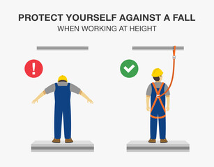 Workplace golden safety rule. Wear safety harness when working at heights. Protect yourself against a fall. Flat vector illustration template.