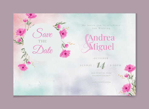  Wedding invitation template with watercolor leaves and flowers .save the date thank you card, rsvp with floral and leaves, watercolor style for printing, badge. vector illustration 
