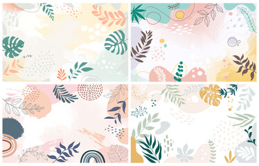 Set background with beautiful.background for design. Colorful background with tropical plants. Place for your text.