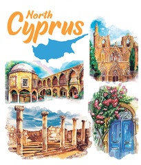 Naklejka premium Set of Hand drawn watercolor drawing of Cyprus landmarks, illustration art.